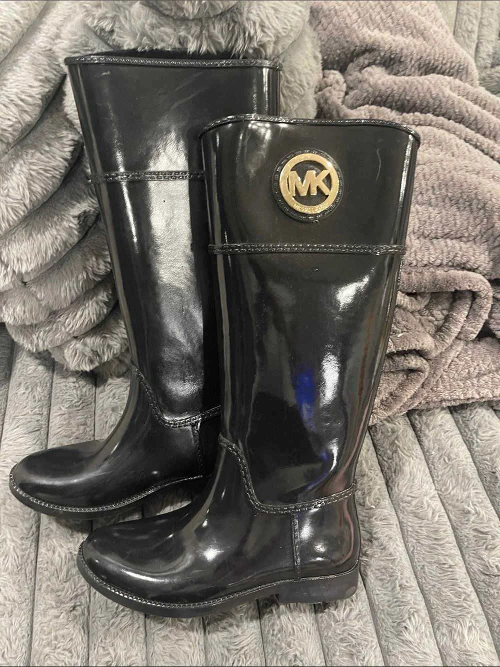 Michael Kors Black Patent Rain Boots with Gold Logo